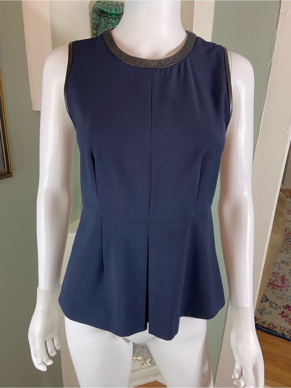 Madewell Navy Blue Sleeveless Peplum Shirt Top Blouse Black Faux Leather Trim 0